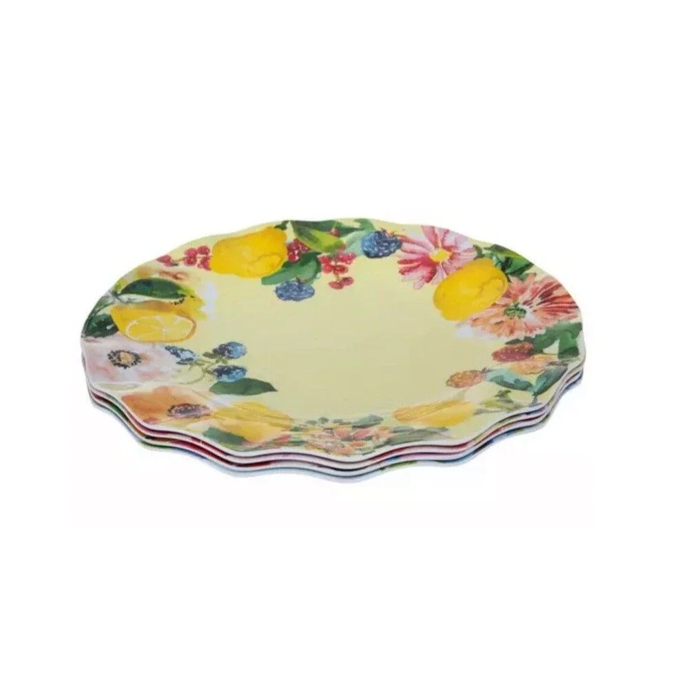 New Set 4 Melamine Dessert Plates 10” Easy Clean Design Fruit & Flower